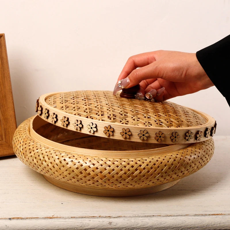 panier bambou tressé couvercle naturel fruits secs rangement maison traditionnel artisanal