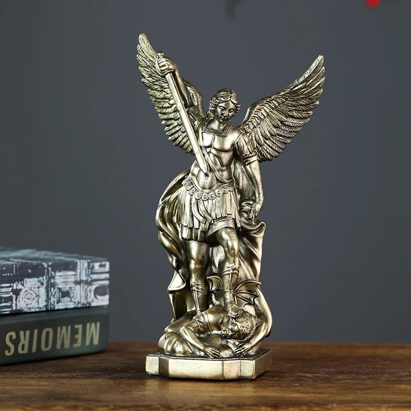 statue saint michaël protection maison résine bronze doré religieux classique decoration autel gift chrétien
