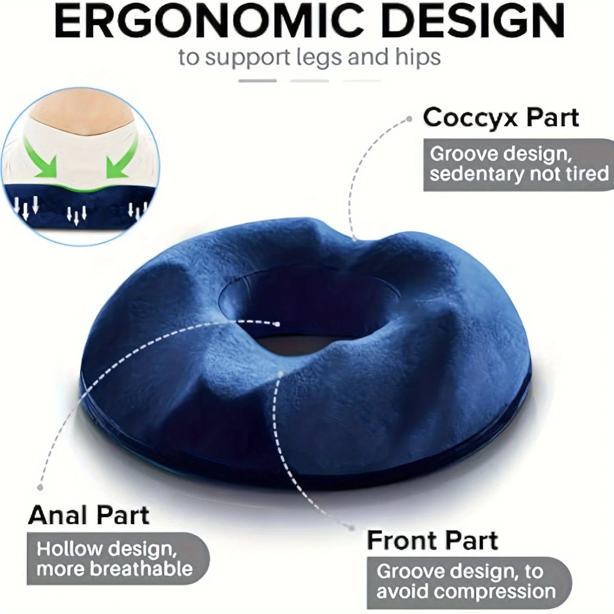 coussin donut mousse mémoire forme beignet bleu ergonomique soutien coccyx tissu polyester lavable machine