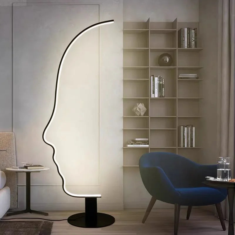 lampe sol silhouette visage humain blanc noir contemporain minimaliste interrupteur bouton aluminium