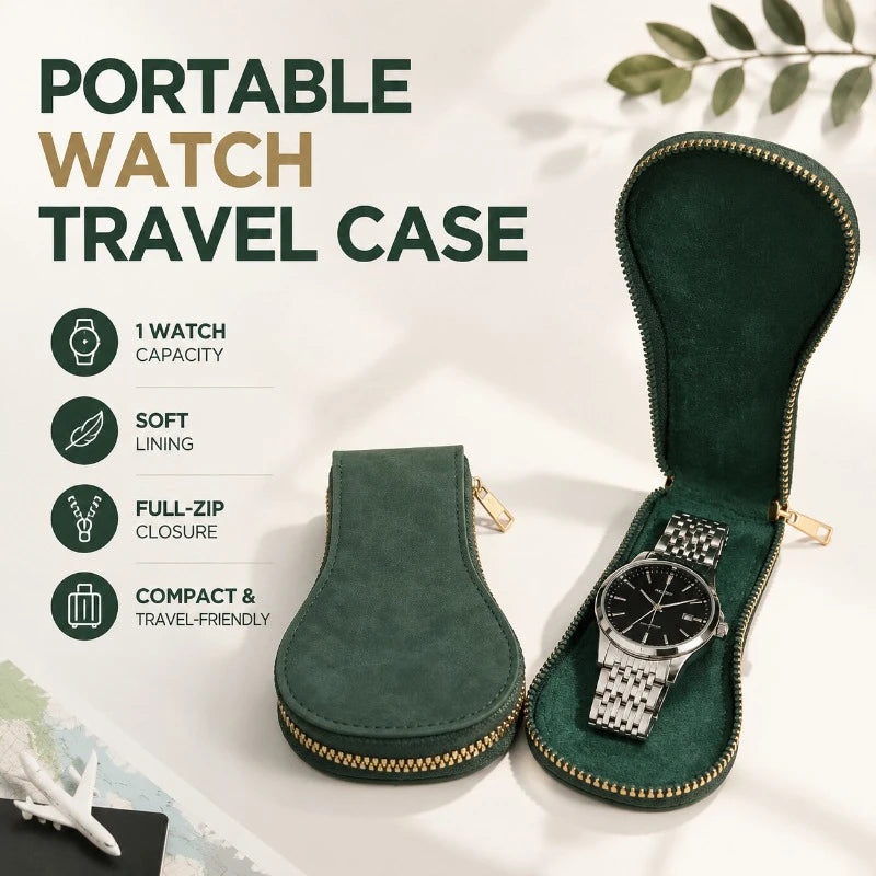 étui rangement montres cuir vert foncé velours compact zip dorée sécurité voyage