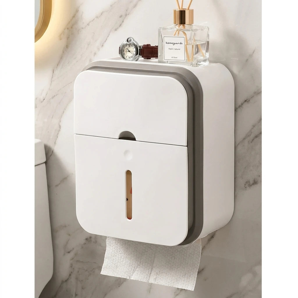 rangement mural moderne blanc gris tiroirs papier toilette accessoires salle bain minimaliste