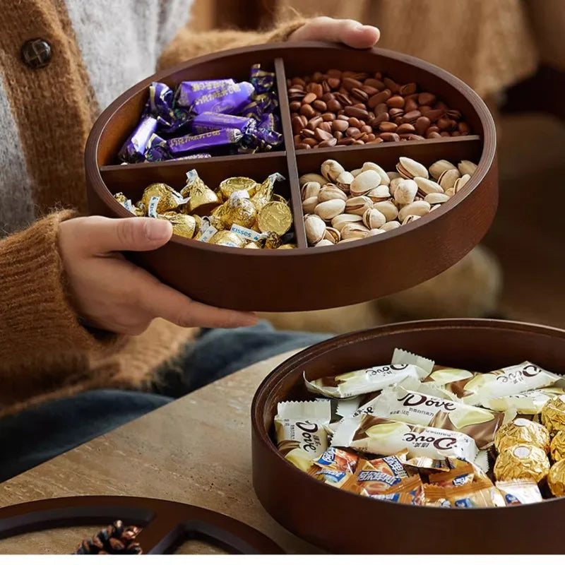 boîte bonbons bois marron moderne double couche rangement fruits noix chocolats assiette collation