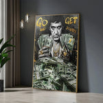 toile d'art portrait argent vert noir texte motivation contemporain réaliste billets banque