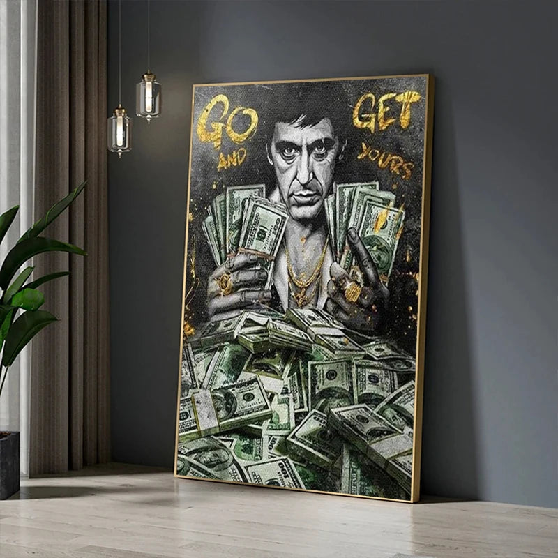 toile d'art portrait argent vert noir texte motivation contemporain réaliste billets banque