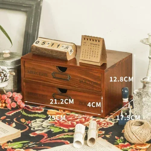 organisateur vintage commode tiroirs bois marron clair rétro poignées métalliques rangement
