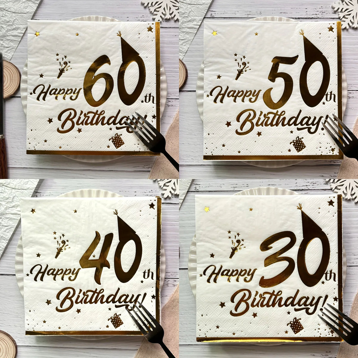 serviettes papier anniversaire blanc doré élégantes fêtes lettres étoiles chapeau cadeau festives