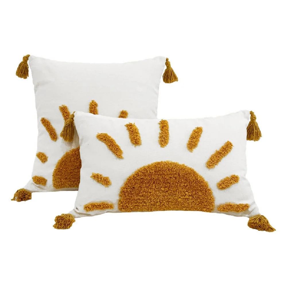 taies d'oreiller boho chic motif soleil doré brodé texture épaisse 45x45cm blanc decoration maison