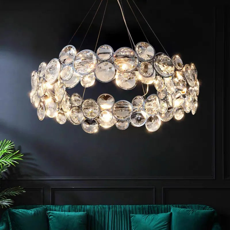 Suspension lumineuse moderne cristal transparent rond facettes chaînes métalliques salon chambre