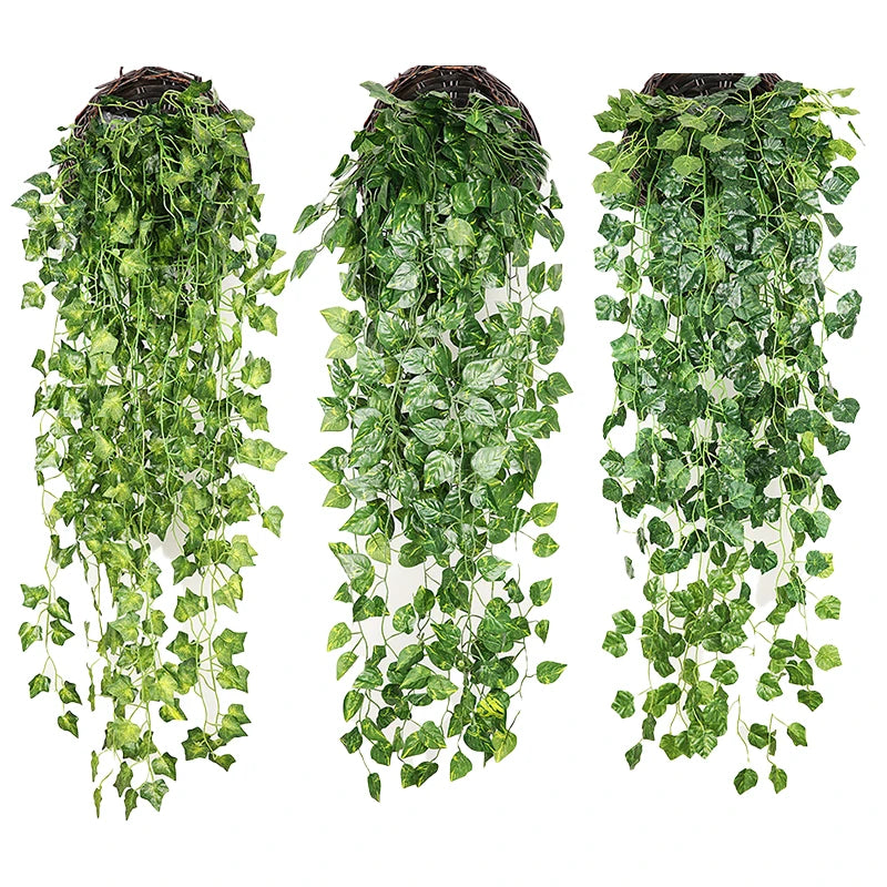 plantes artificielles suspendues feuilles vertes modernes décoratives extérieures accrochées ovales veinées opaques vivantes