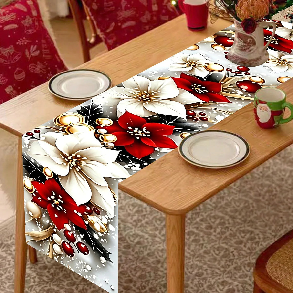 table noël blanc rouge motif floral hiver extérieur moderne festive polyester
