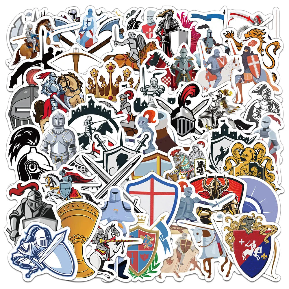 stickers médiévaux chevaliers armes blasons adhésifs téléphone portable ordinateur couleurs variées illustration