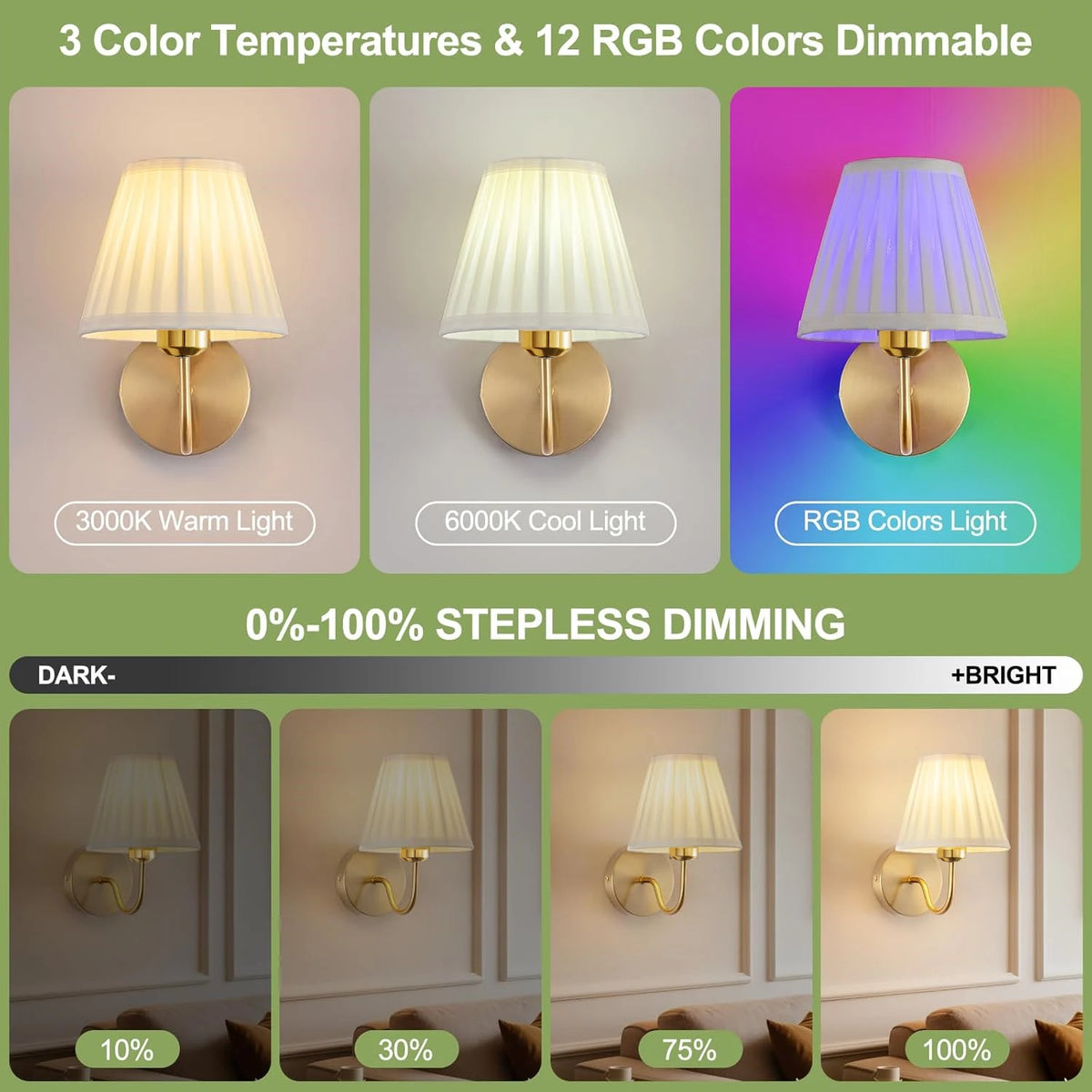 lampe murale sconce classique or abat jour plissé led télécommande 15 couleurs rvb chambre