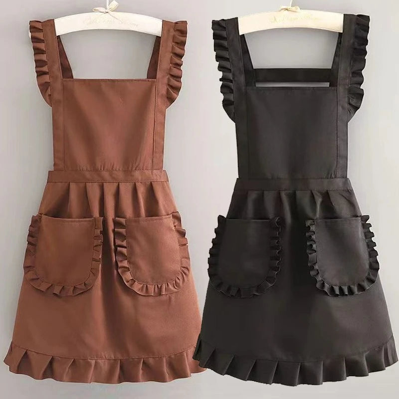 tablier marron noir beige clair ruches bordures attaches epaules poche avant classique opacite toile