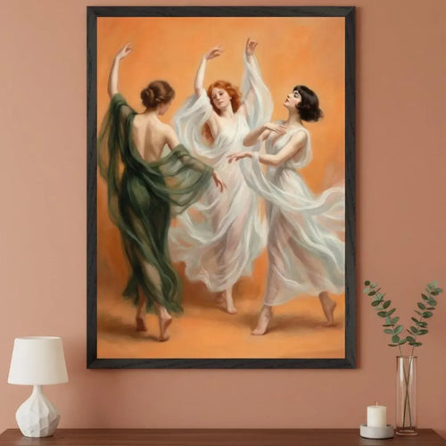 tableau peinture huile cadre bois doré figures féminines orange vif art nouveau moderne