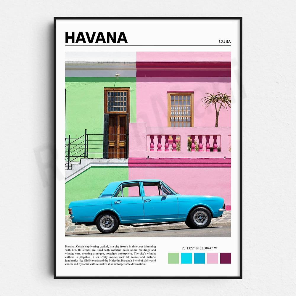 Une affiche colorée illustre les bâtiments et les voitures emblématiques de La Havane, capitale cubaine figée dans le temps, offrant une atmosphère unique et un mélange captivant de culture et d'histoire.