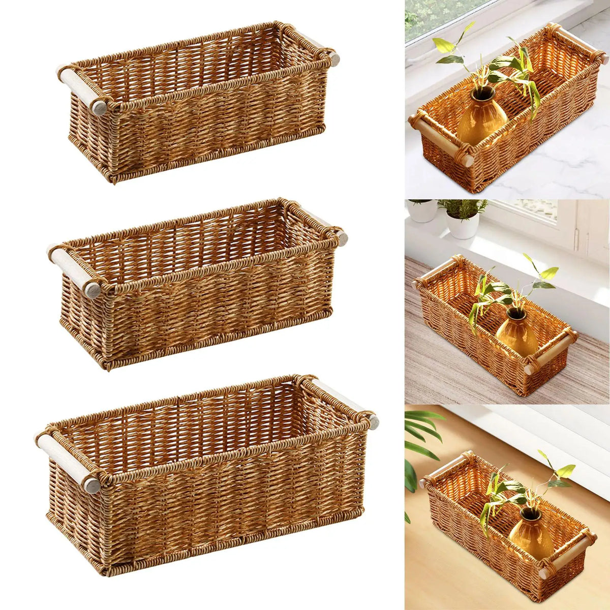 paniers rangement tressés marron poignées bois bohème organisation salle bain cuisine