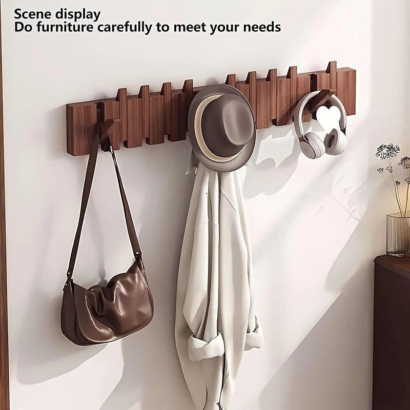 porte manteaux bois moderne crochets marron foncé shirt sac main minimaliste vis fixations murales