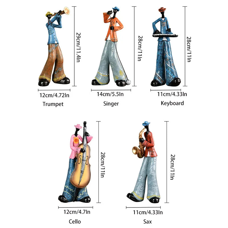 statues musiciens résine trompette saxophone chanteur clavier violoncelle ethnique artisanal décoration maison salon