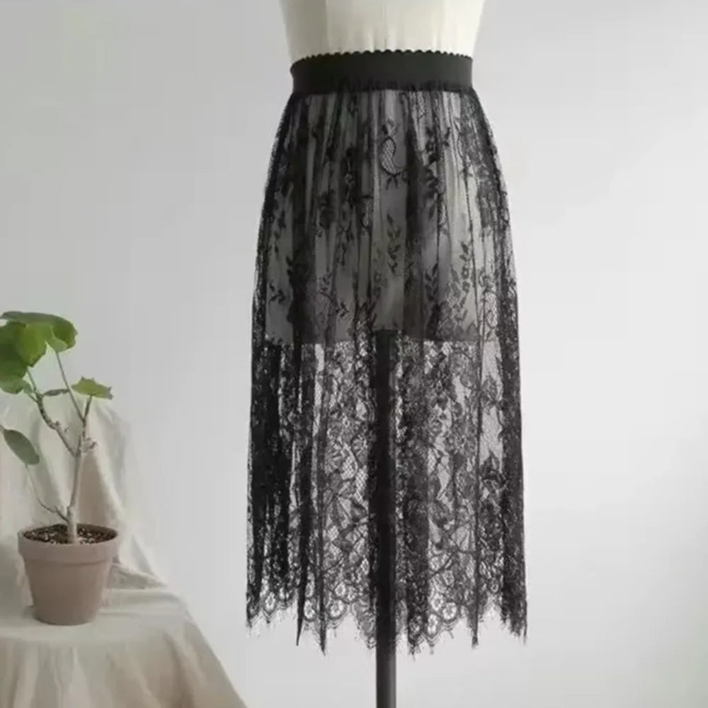 jupe dentelle noire translucide vintage été femme mi mollet droiteSizeMode: taille moyenne non extensible