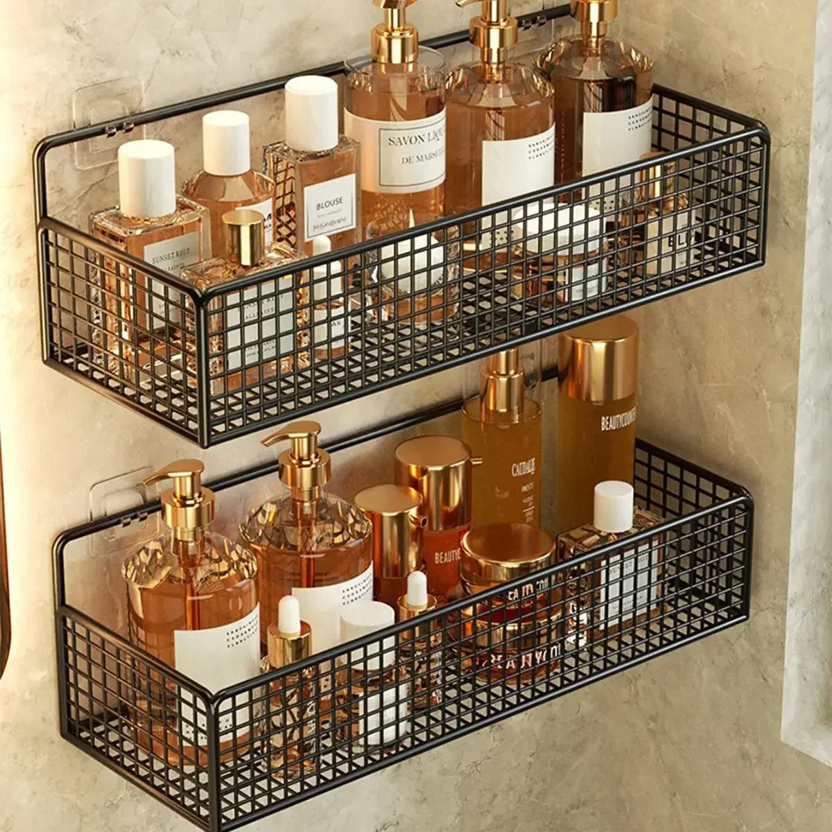 panier mural noir maille métallique moderne rangement salle bain accessoires organisation cuisine maquillage produits