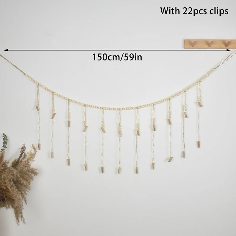 cadre mural boho chic bois ficelle naturelle beige blanc photos suspension pinces linge