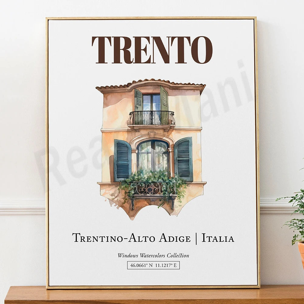 Affiche promotionnelle représentant une maison traditionnelle de Trente, dans la région du Trentin-Haut-Adige en Italie, avec une fenêtre aux volets verts et un balcon fleuri.