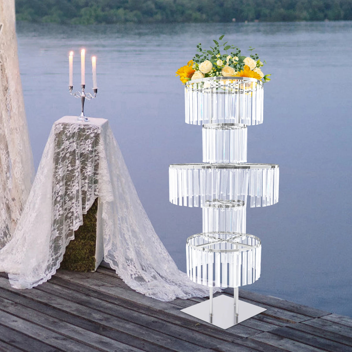 support fleurs moderne or rondelles transparentes décoration table mariage anniversaire pieds