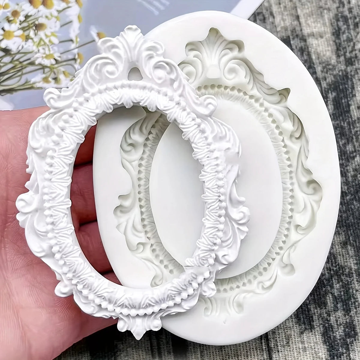 cadre photo ovale silicone blanc ornements baroques classique gypse époxy bricolage fabrication retournement sucre
