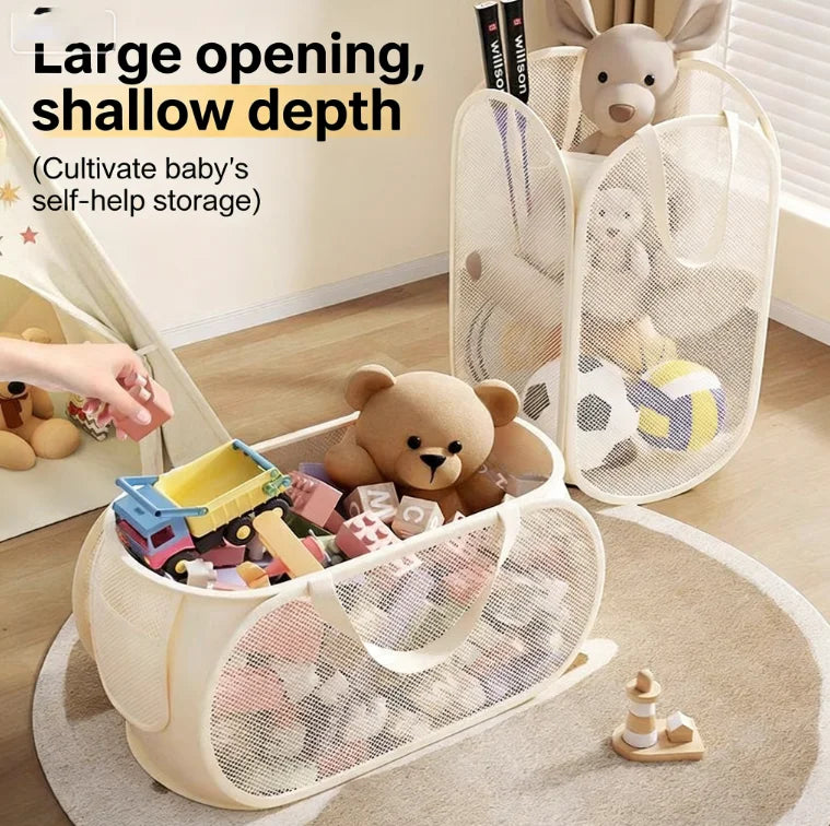 panier rangement horizontal vertical beige maille fine poignées organisation jouets salon chambre