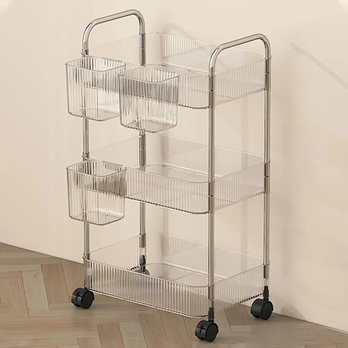 chariot rangement transparent moderne roulettes boites cosmétiques bouteilles produits toilette assiettes couverts niveaux filetés