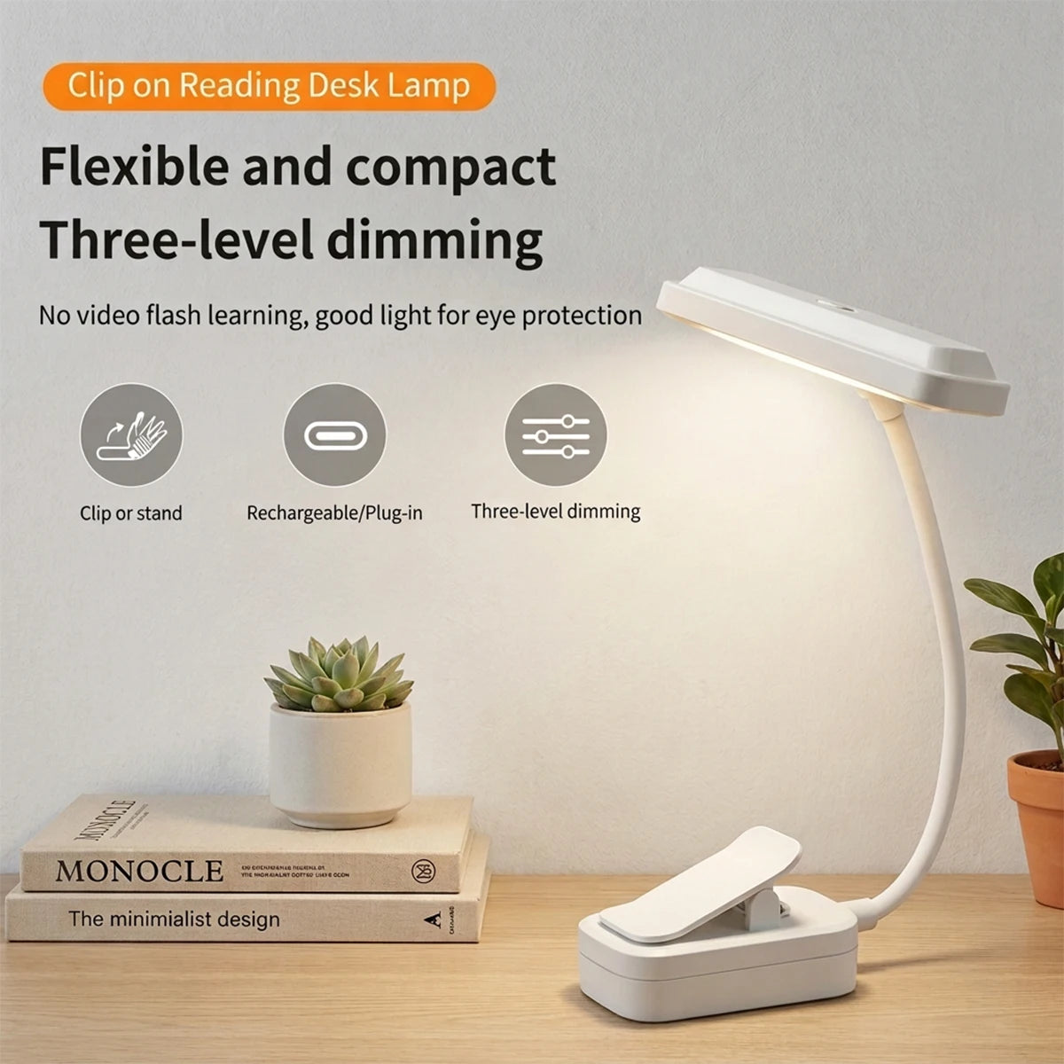 lampe lecture pince rechargeable anti lueur bleue températures luminosité flexible moderne blanc mat