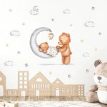 Autocollant mural ours en peluche dormant sur la lune avec étoiles