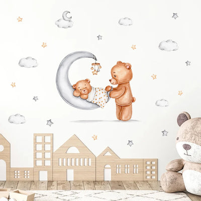 Autocollant mural ours en peluche dormant sur la lune avec étoiles