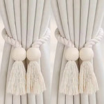 rideau boho chic ruban tissé chanvre beige clair pompon bois doux