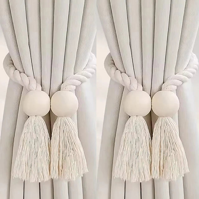 rideau boho chic ruban tissé chanvre beige clair pompon bois doux