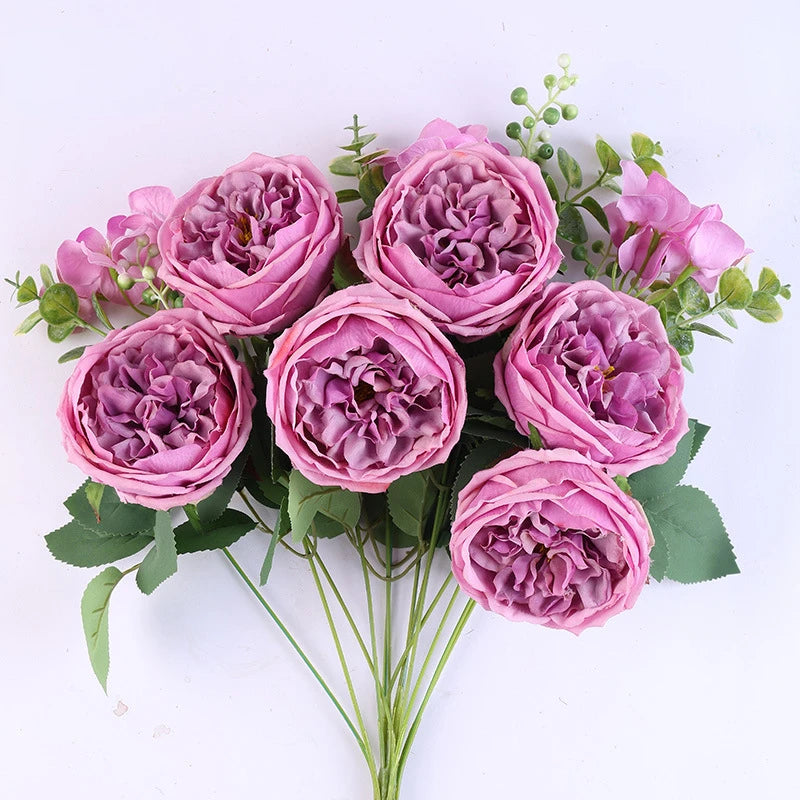 bouquet fleurs artificielles roses naturelles décoration mariage anniversaire intérieur 50cm 13 têtes soie