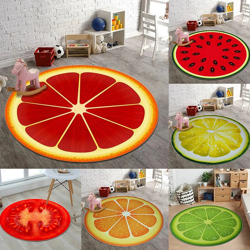 tapis rond fruits coloré moderne salon chambre enfants sol décor éco rouges verts oranges