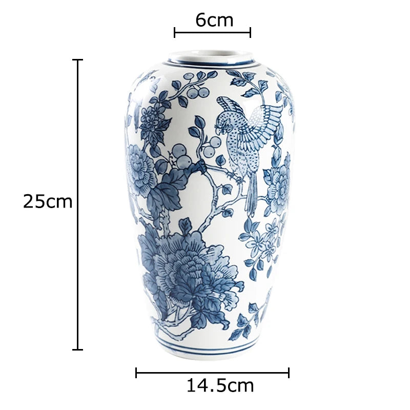 vases bleu blanc fleurs oiseaux feuillage classique decoration table arrangement fleurs moderne