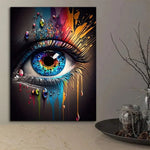 tableau abstrait moderne impression toile oeil stylisé bleu rouge orange jaune vert violet sans