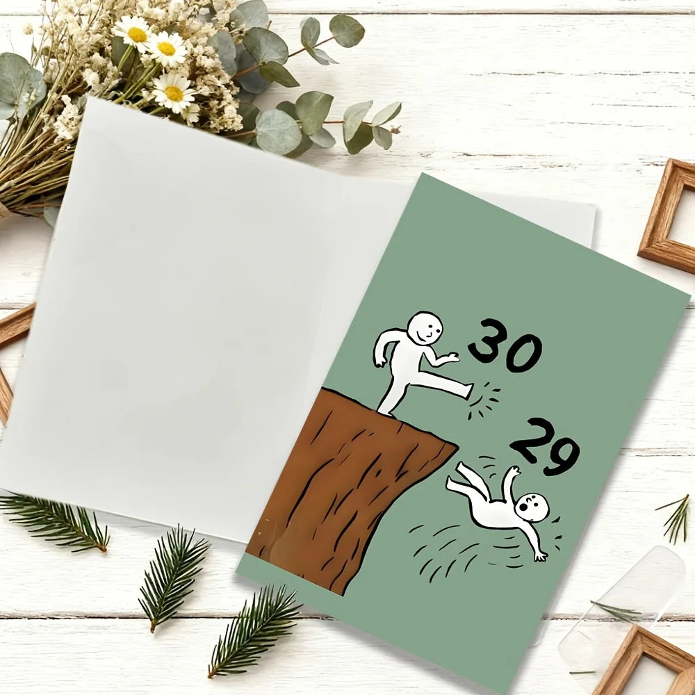 carte postale anniversaire humoristique vert clair cartoon personnages numéros 29 30 enveloppe rouge fixations