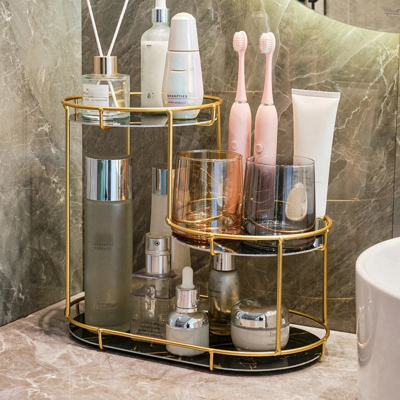 organisateur salle bain deux niveaux or noir modernes produits beauté accessoires élégants imitation marbre