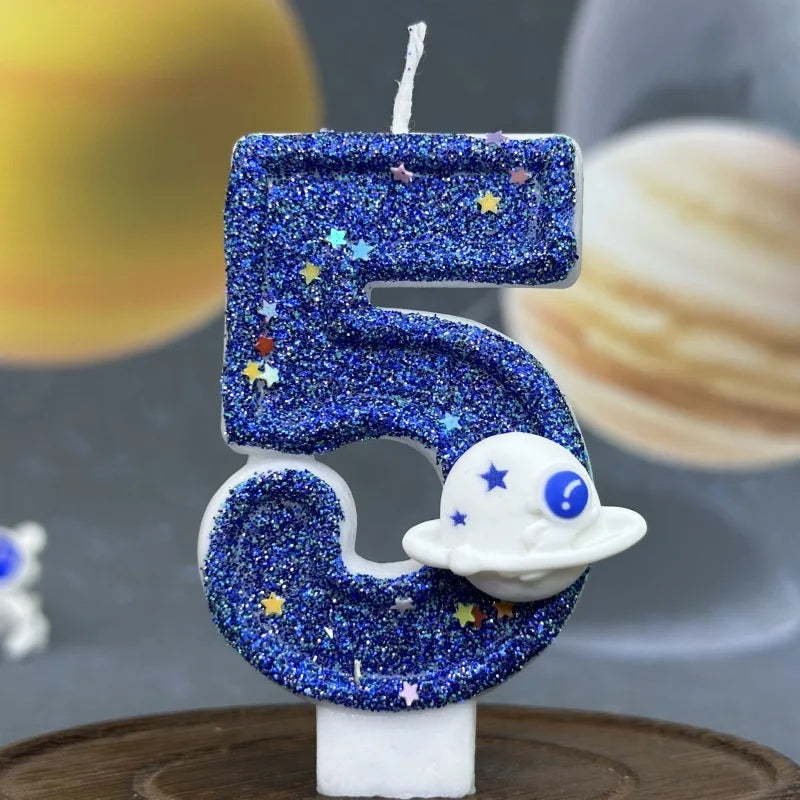 bougies numéraires bleu pailleté motif étoiles thème espace anniversaire mariage fiançailles tringle