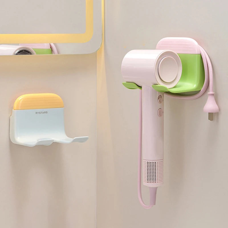organisateur sèche cheveux support mural adhésif moderne rose vert jaune blanc mat opaques deux