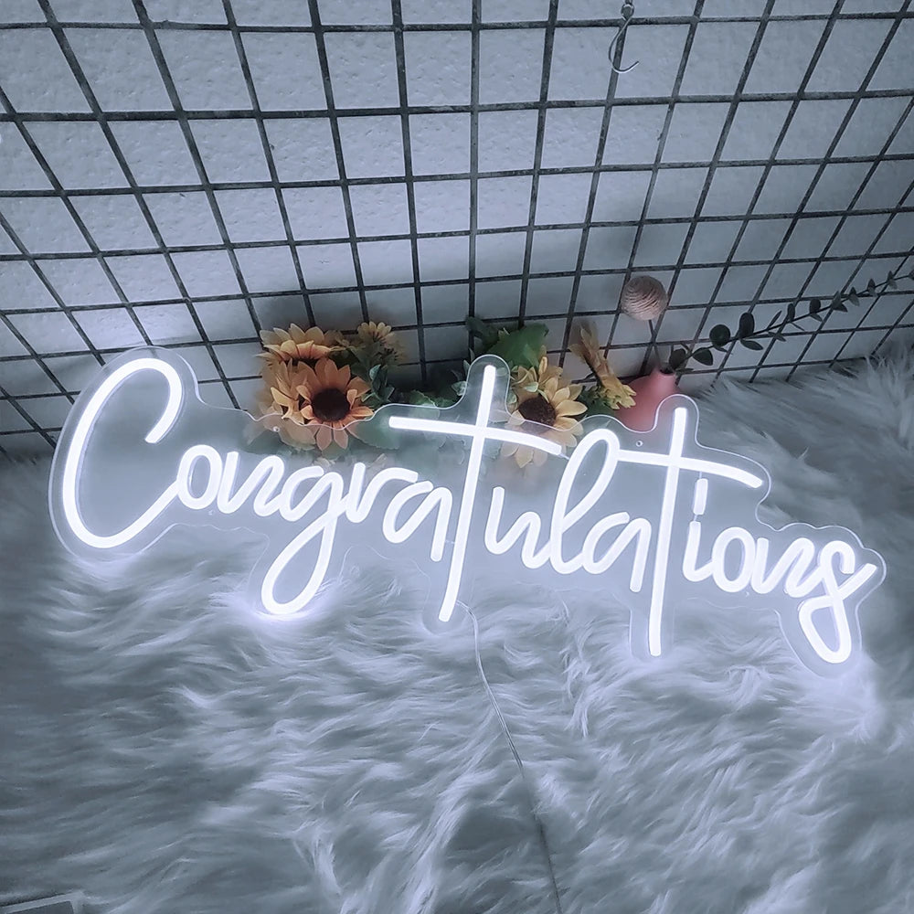 néon lumineux blanc congratulations moderne transparent chaîne câble électrique 76x28cm