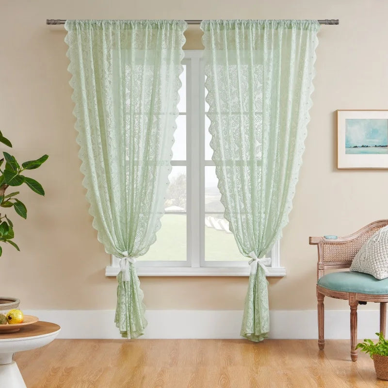 rideau vert clair broderie florale transparent classique salon polyester