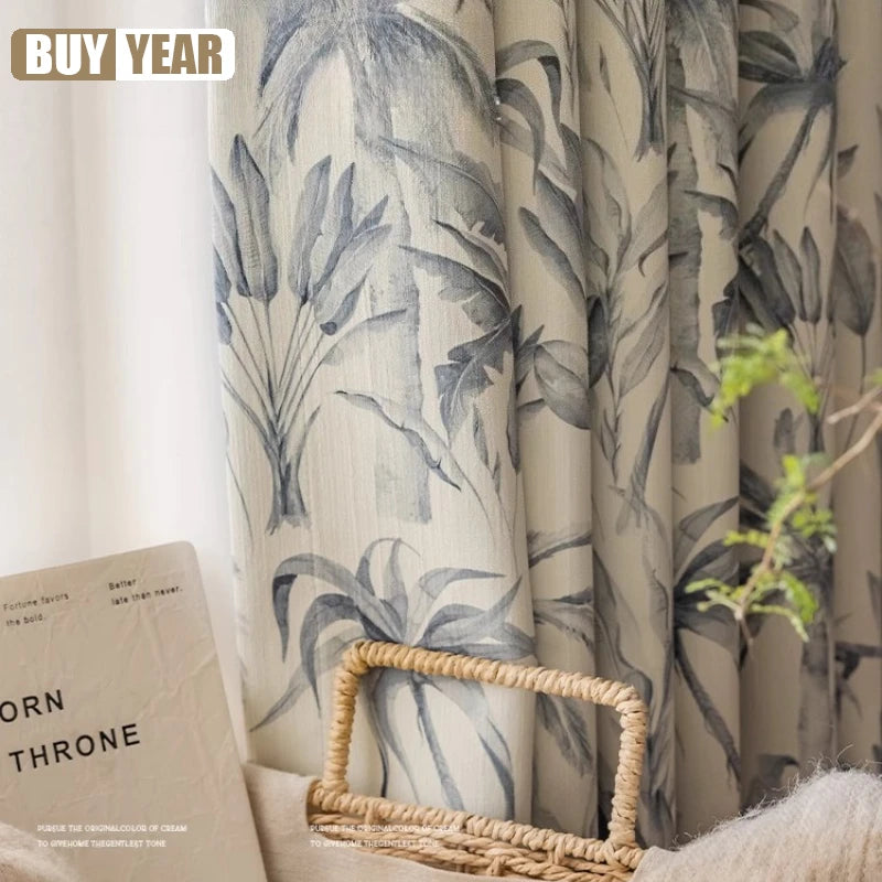 rideau occultant moderne beige gris motif feuilles palmier épais salon chambre fenêtre maison luxe