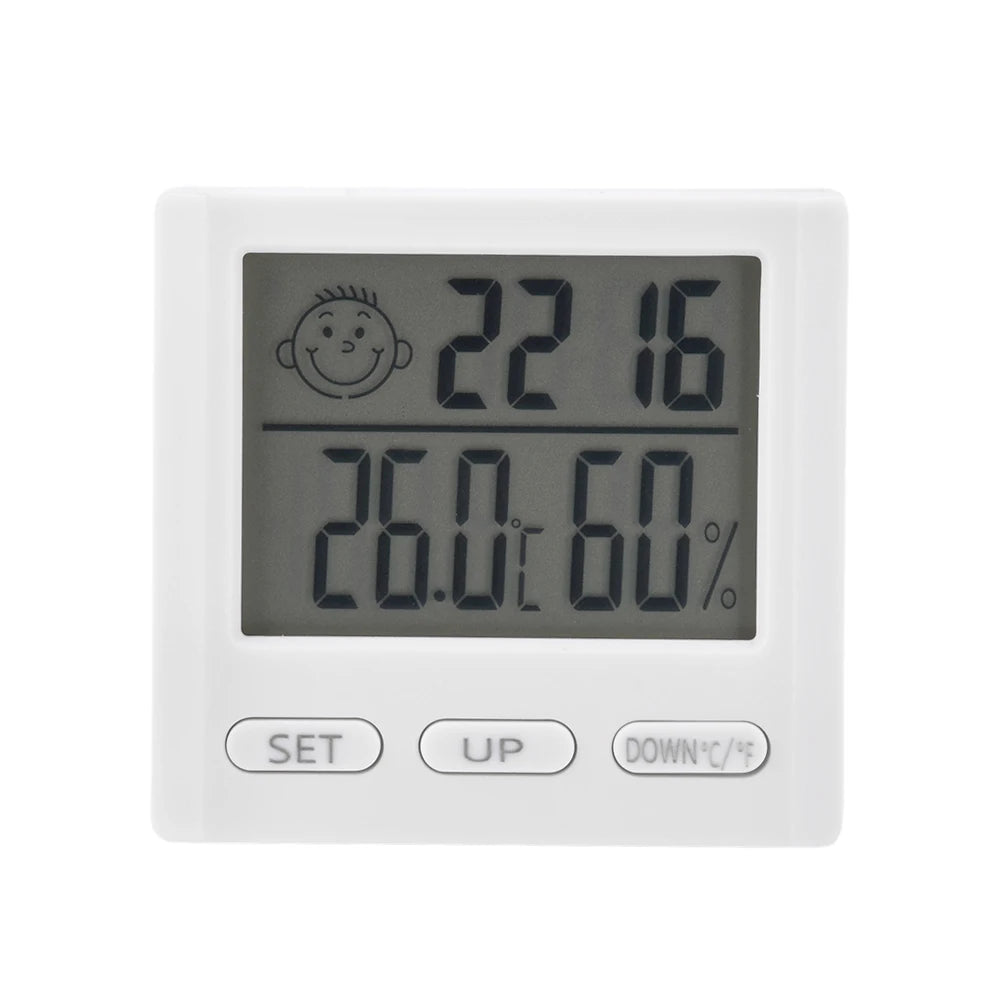 mini horloge alarme blanc affichage température humidité emojis moderne compact lcd numérique