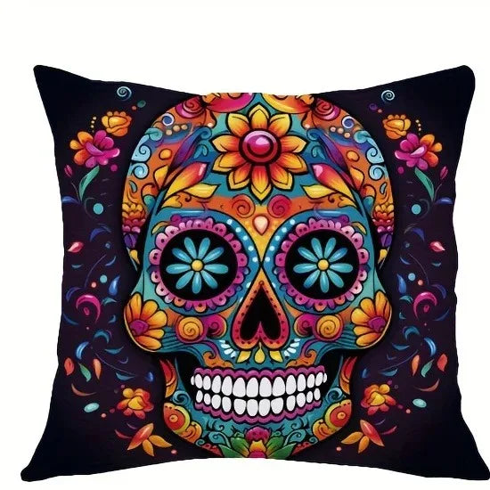 taies d'oreiller halloween crâne fleurs colorées deco maison lit polyester opacité artistique