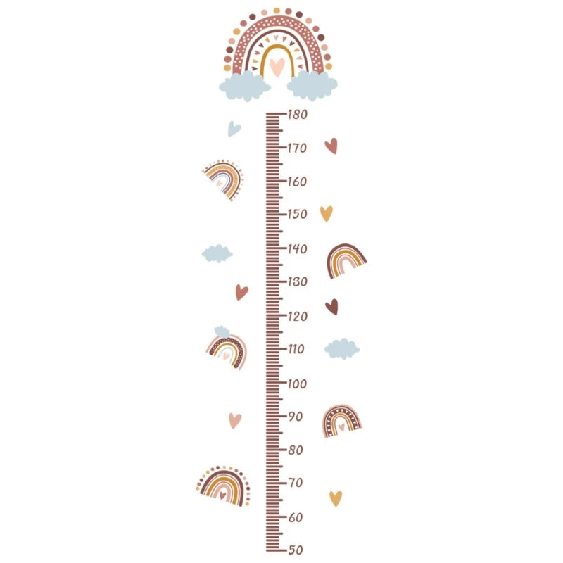 sticker mural mesure hauteur arc ciel nuages coeurs boho chambre enfant multicolore adhésif